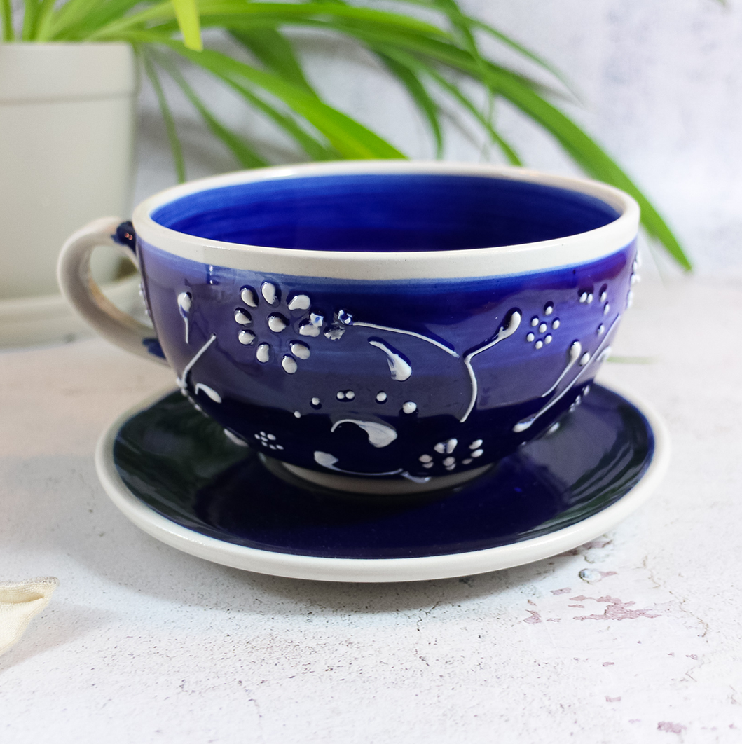Antonio Ortiz handmade ceramics cup and saucer in blue and white, imported from Spain, The Spanish Store, Shop Spanish products online, Toronto Ontario Hamilton Ontario