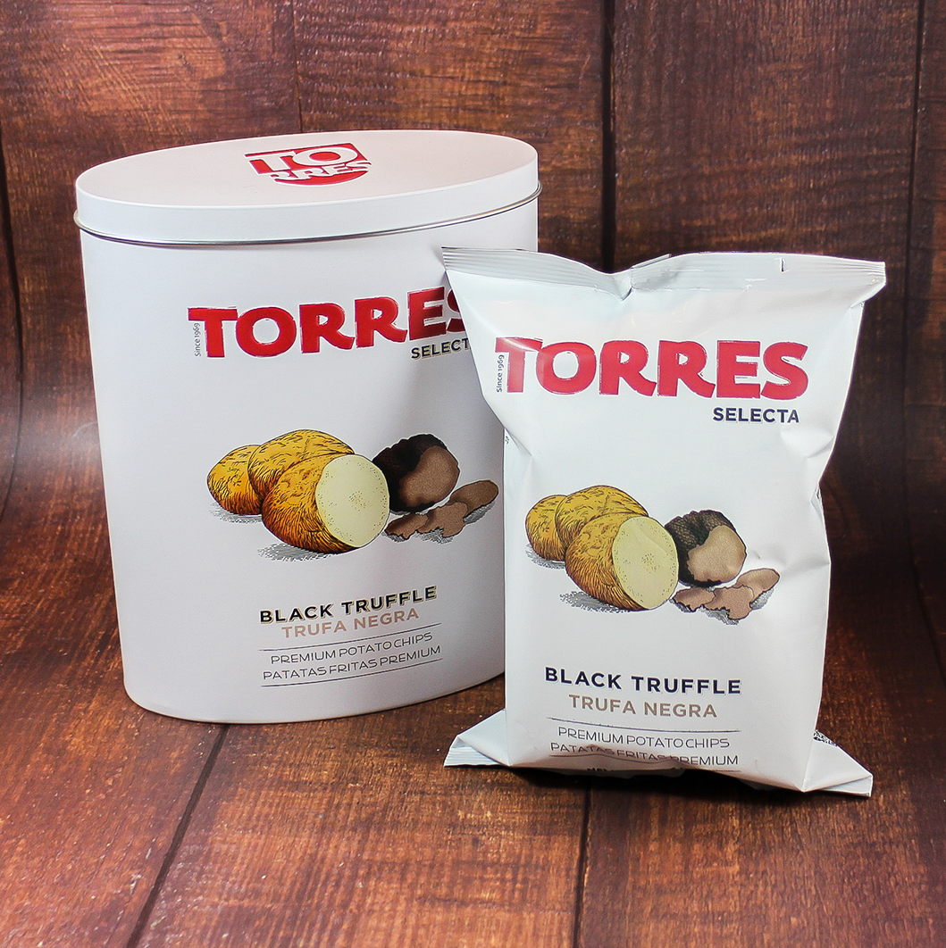 Torres Black Truffle Premium Potato Chips 40 g bag in a tin