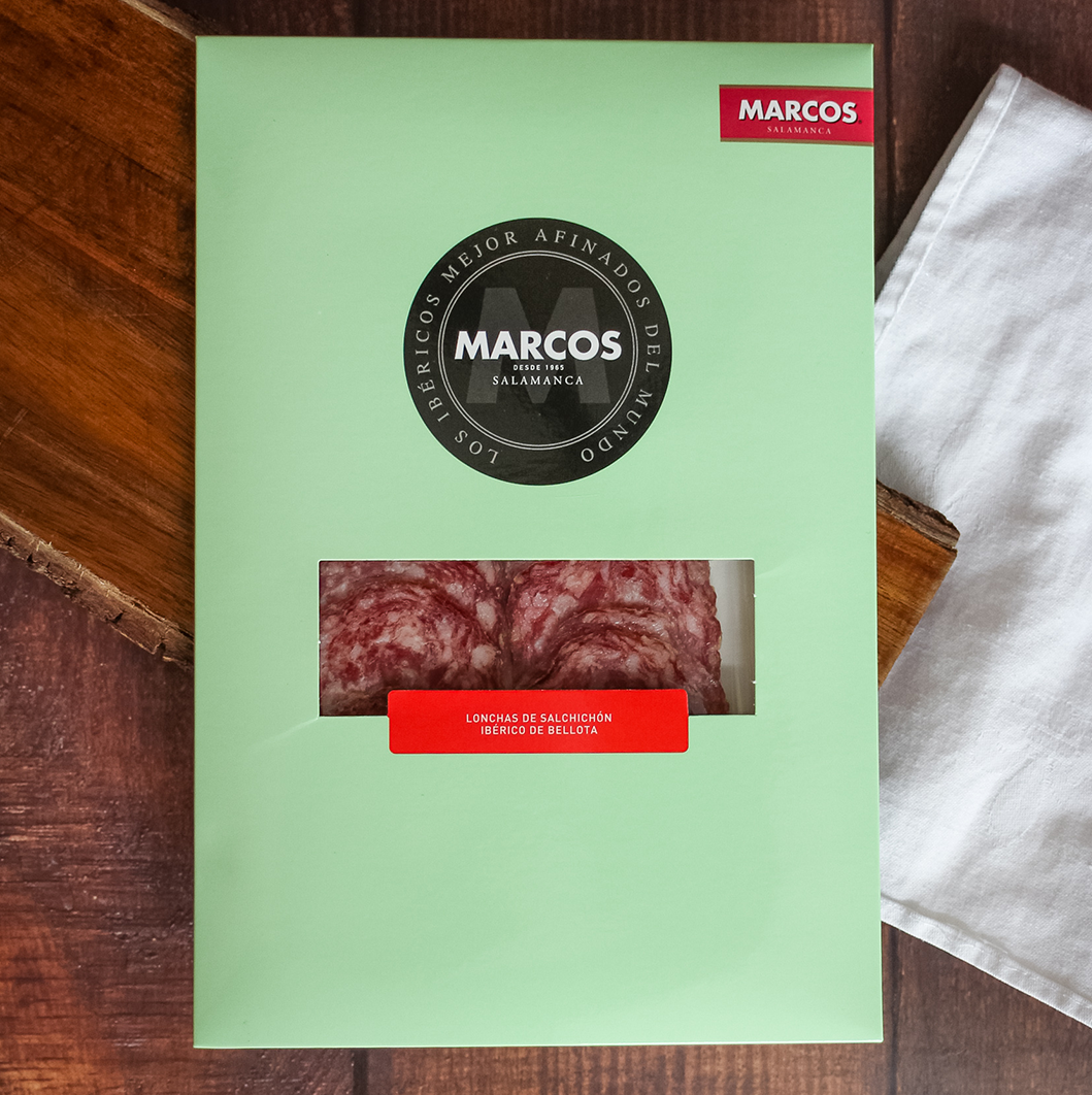 Marcos Presliced Acorn-Fed Iberian Salchichon 75 g | Buy Iberian Ham Online Toronto Ontario
