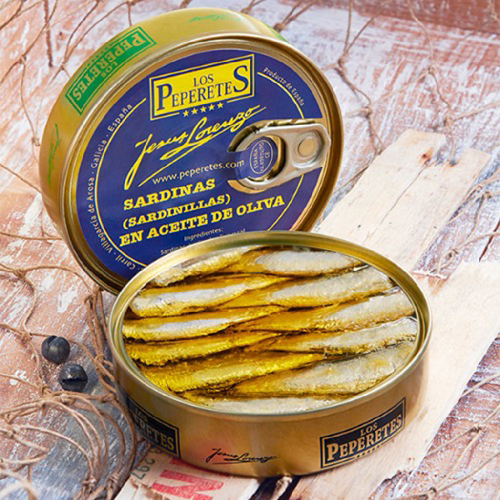 Los Peperetes Small Sardines in Olive Oil |  Spanish Seafood Conservas available for delivery in Canada | Shop Online The Spanish Store Sardinas en acetic de olive