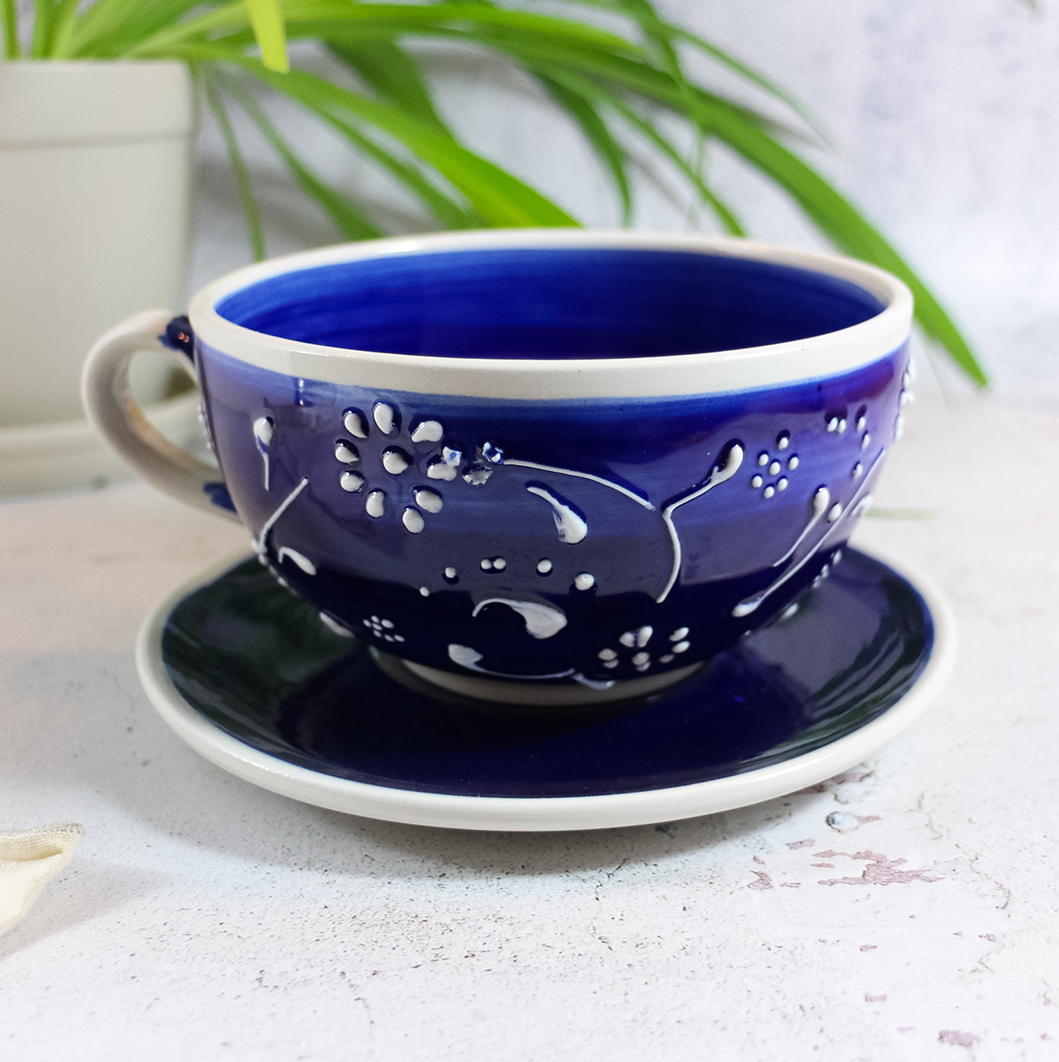 Antonio Ortiz handmade ceramics cup and saucer in blue and white, imported from Spain,  The Spanish Store, Shop Spanish products online, Toronto Ontario Hamilton Ontario