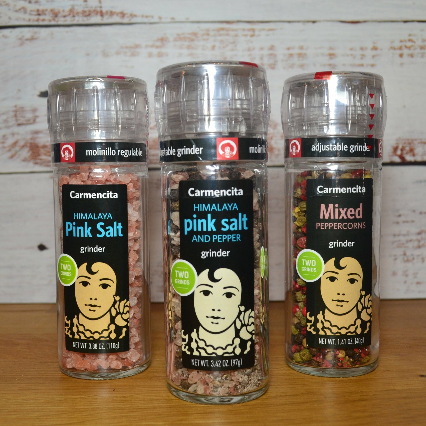 Mini Grinders Trio Set - Mixed Peppercorns, Himalayan Pink Salt & Pink Salt and Pepper